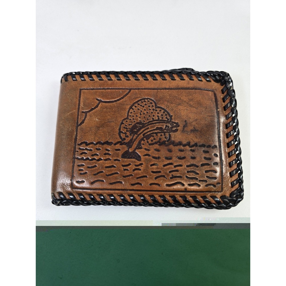 Vintage Tooled Leather Bifold Wallet Trout Fish Western Hand Laced Brown